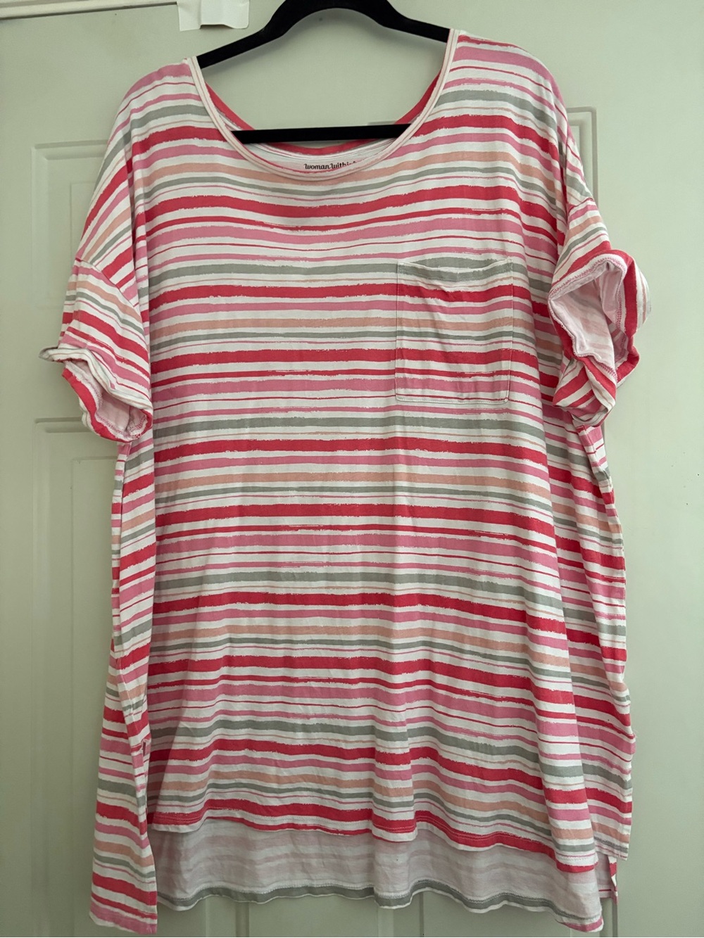 Woman Within Pink, Light Gray & White Striped Tee